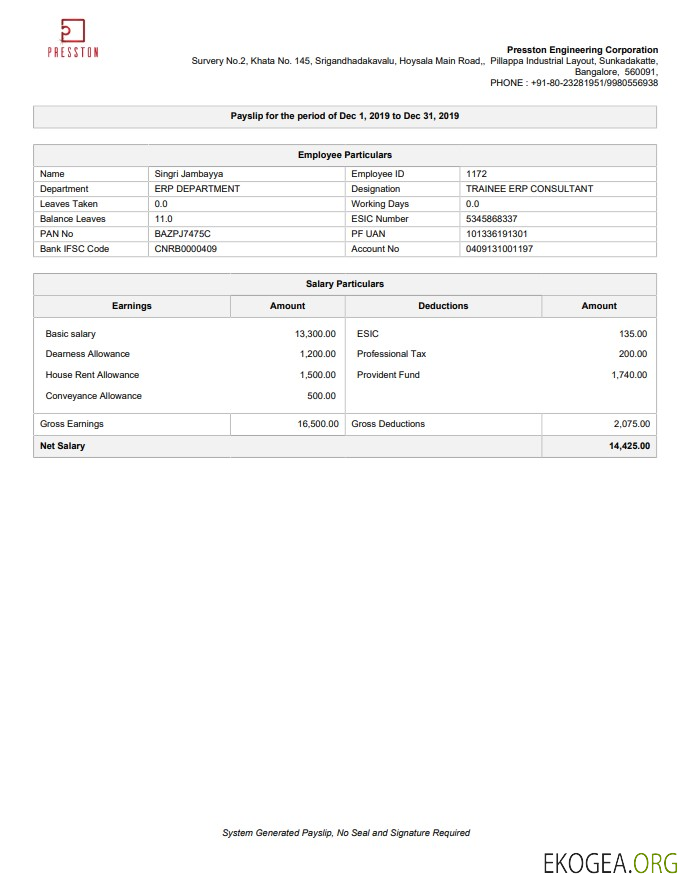 Bulletin de paie de Presston Engineering Corporation au format PDF et Word